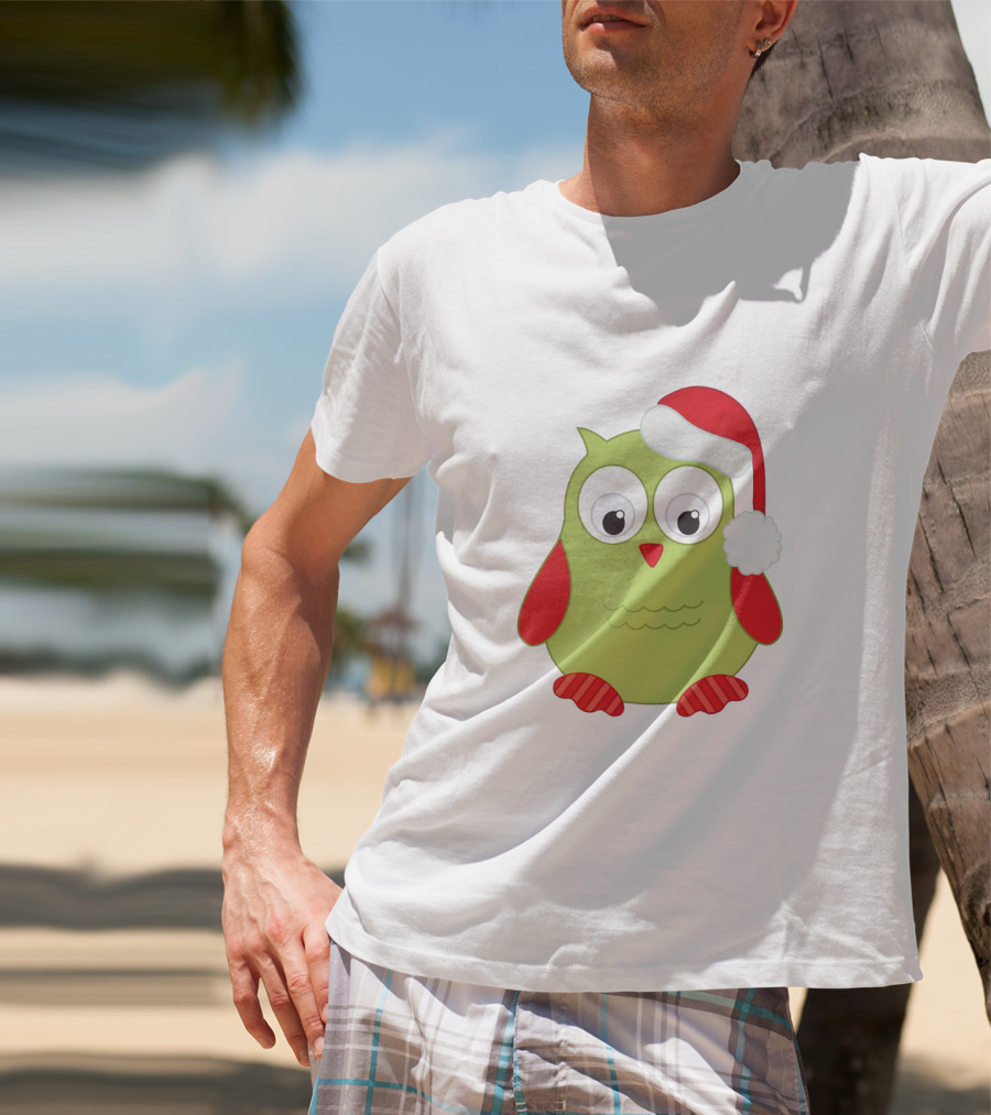 Cute Santa Owl Christmas Green And Red Cartoon Owl Santa Hat T-Shirt