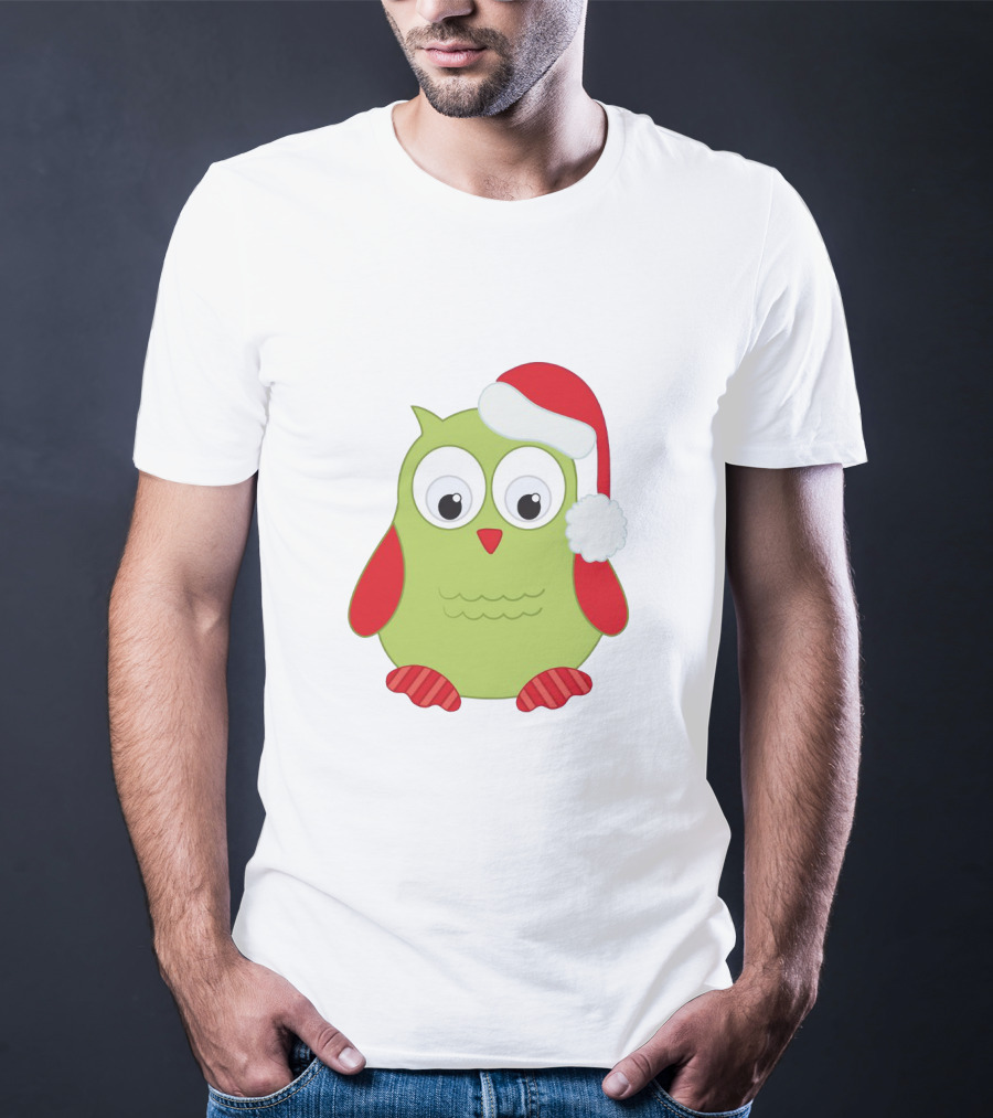 Cute Santa Owl Christmas Green And Red Cartoon Owl Santa Hat T-Shirt