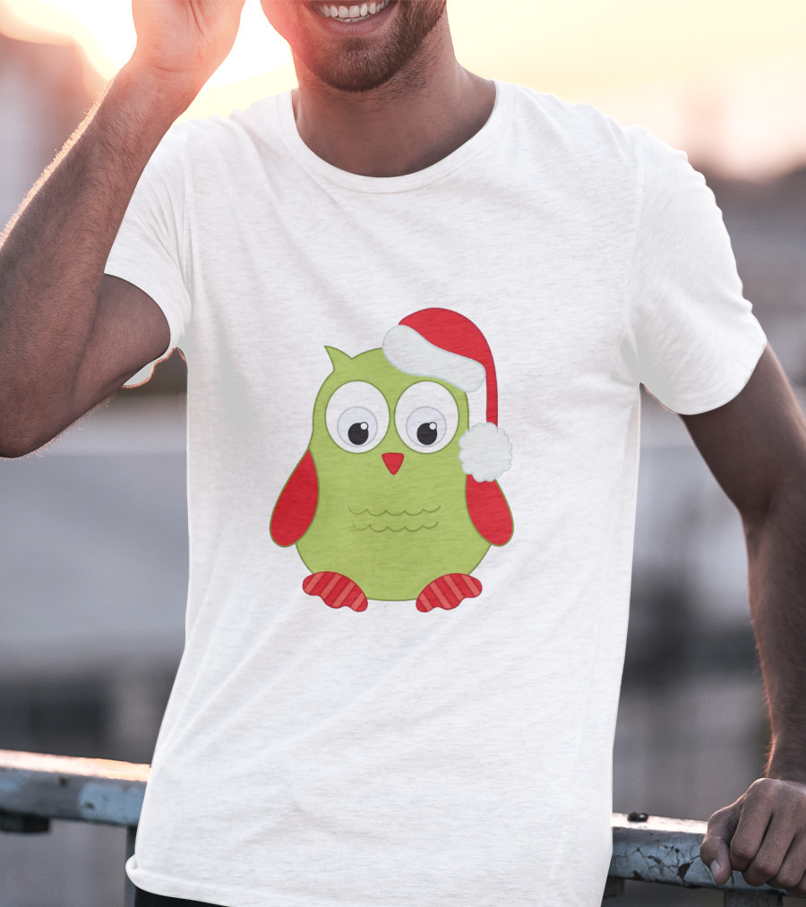Cute Santa Owl Christmas Green And Red Cartoon Owl Santa Hat T-Shirt