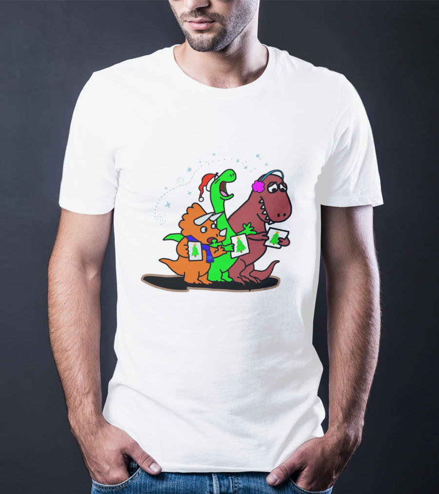 Dinosaur Trio Singing Christmas Carols With Festive Hats And Tree Cards T-Shirt