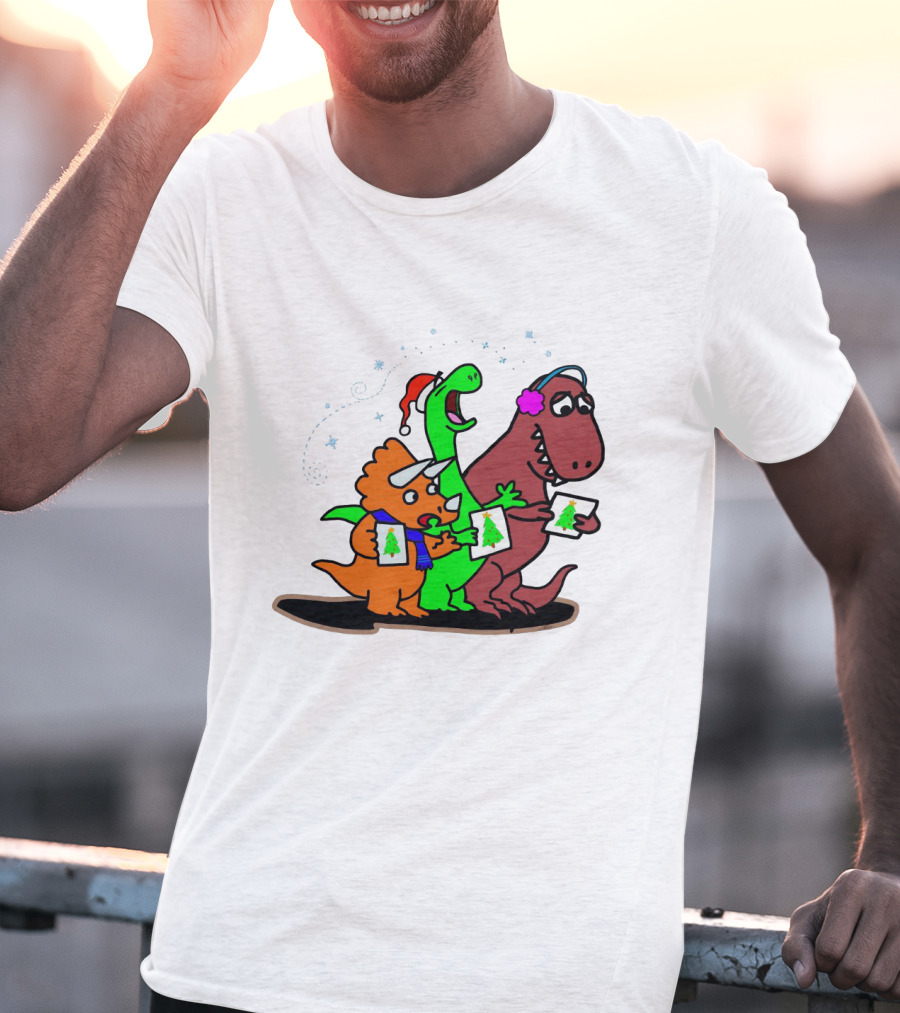 Dinosaur Trio Singing Christmas Carols With Festive Hats And Tree Cards T-Shirt