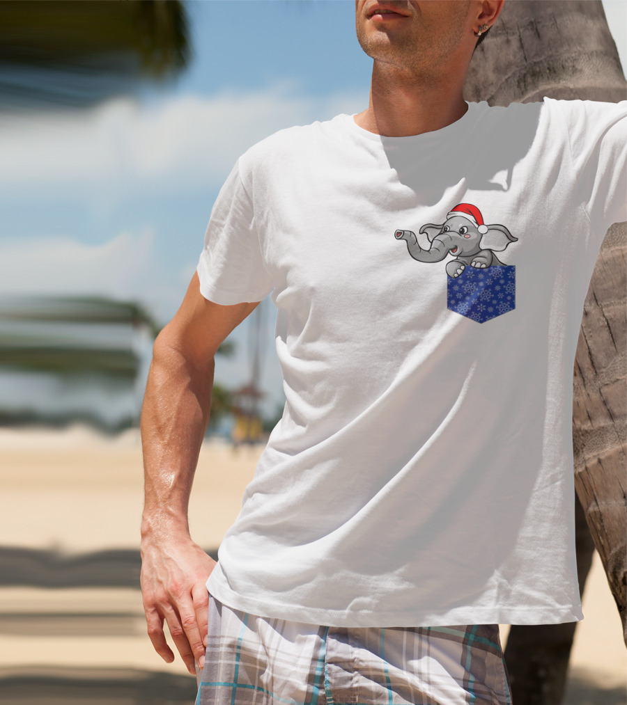 Christmas Holiday Pocket Elephant With Santa Hat And Blue Snowflake Pattern Pocket T-Shirt