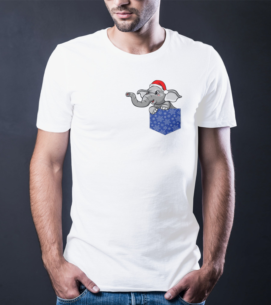 Christmas Holiday Pocket Elephant With Santa Hat And Blue Snowflake Pattern Pocket T-Shirt