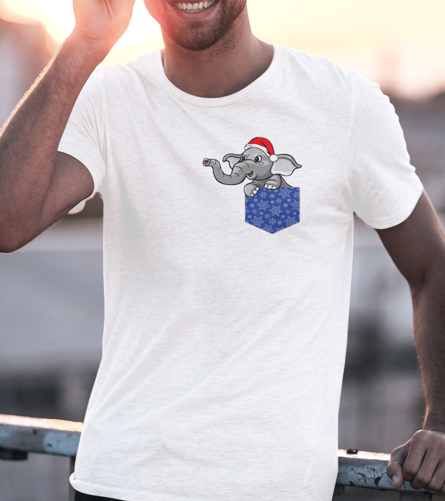 Christmas Holiday Pocket Elephant With Santa Hat And Blue Snowflake Pattern Pocket T-Shirt