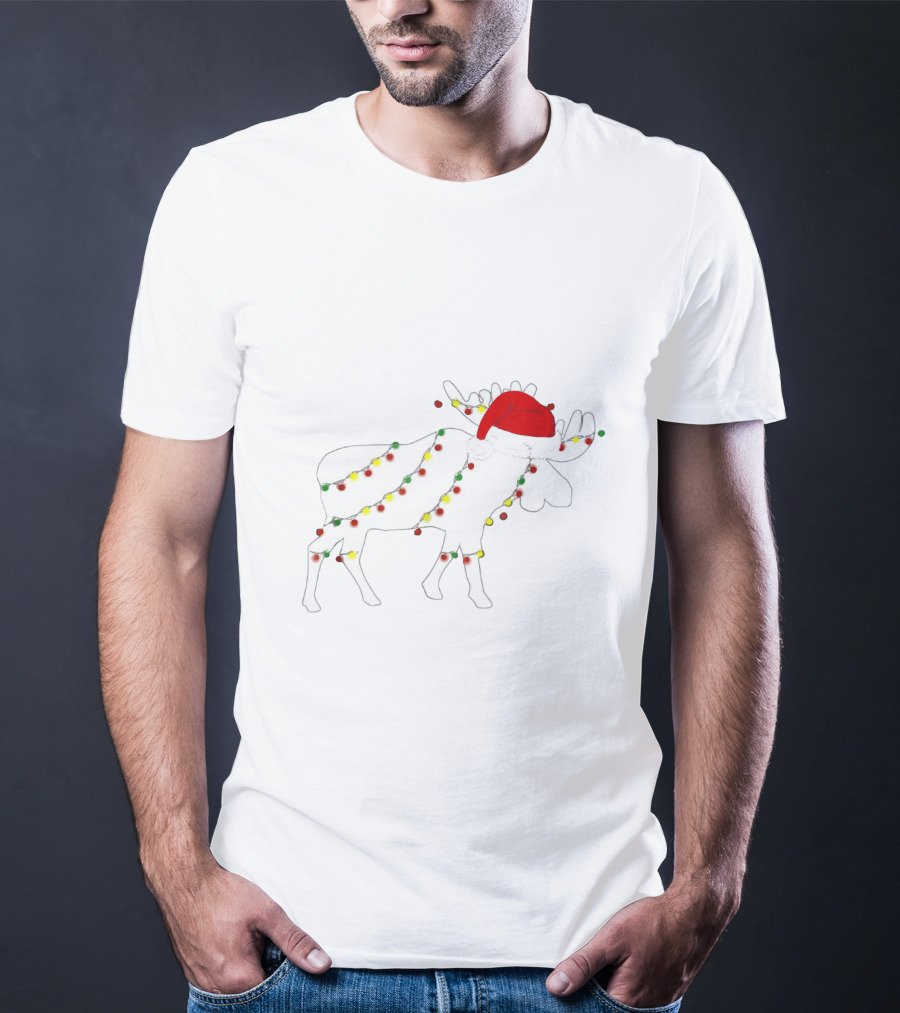 Christmas Moose Wrapped In Colorful Lights Santa Hat Family Matching Holiday T-Shirt