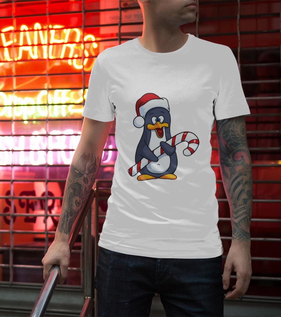 Jolly Christmas Penguin With Santa Hat And Candy Cane T-Shirt