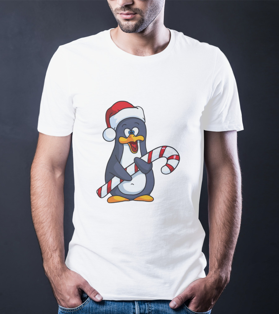Jolly Christmas Penguin With Santa Hat And Candy Cane T-Shirt