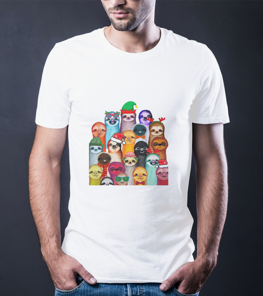 Christmas Sloths Wearing Festive Accessories And Colorful Hats T-Shirt