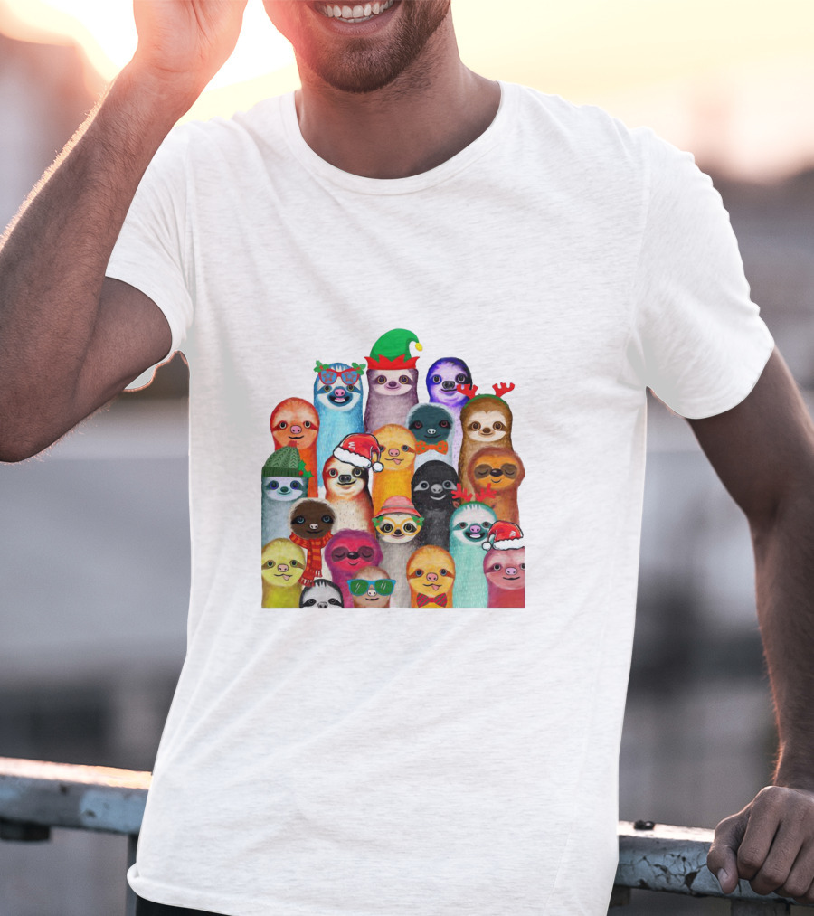 Christmas Sloths Wearing Festive Accessories And Colorful Hats T-Shirt
