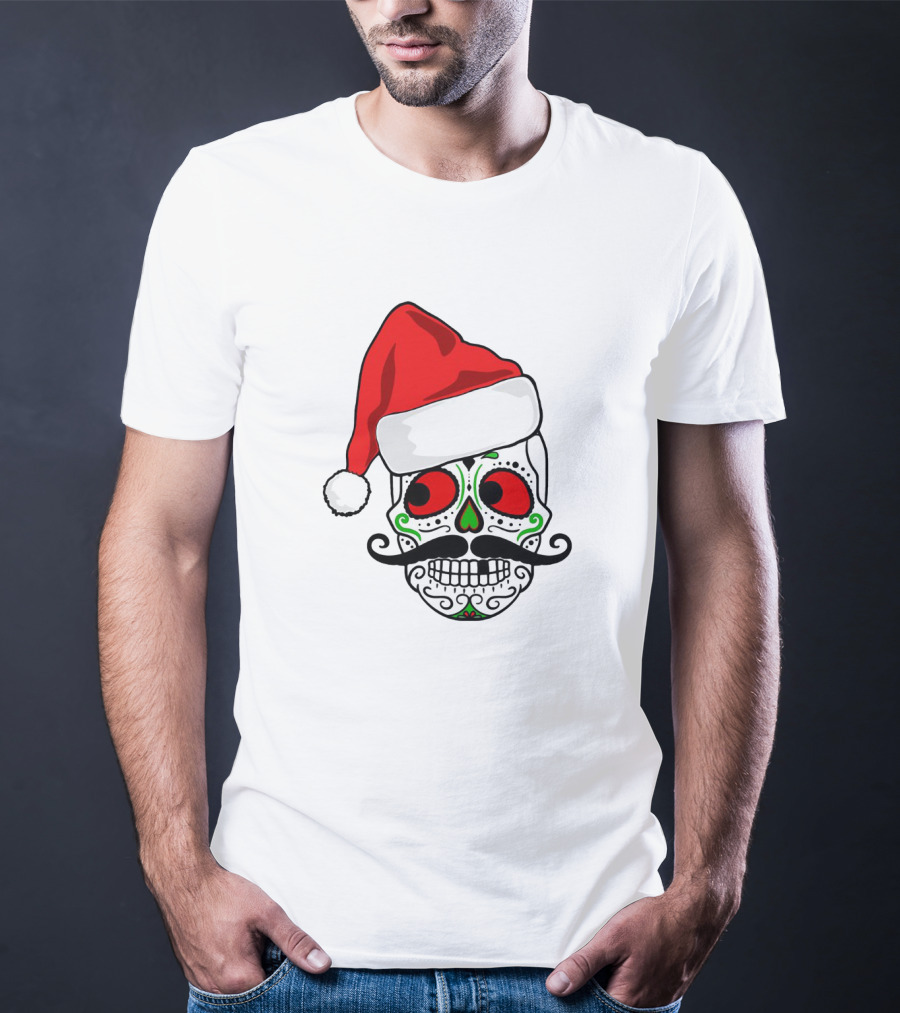 Santa Hat Festive Sugar Skull Christmas T-Shirt