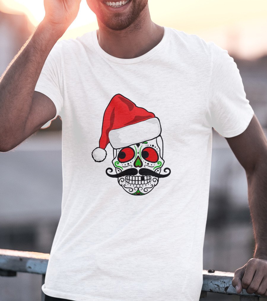 Santa Hat Festive Sugar Skull Christmas T-Shirt
