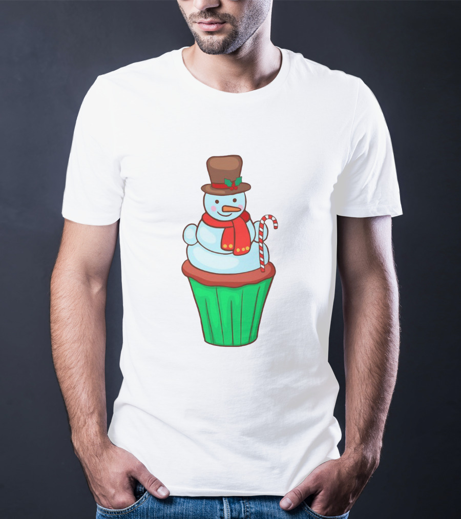 Xmas Cupcake Muffins With Snowman And Candy Cane Holiday T-Shirt