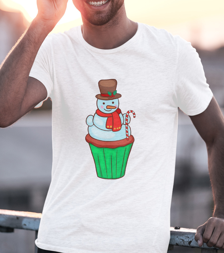 Xmas Cupcake Muffins With Snowman And Candy Cane Holiday T-Shirt