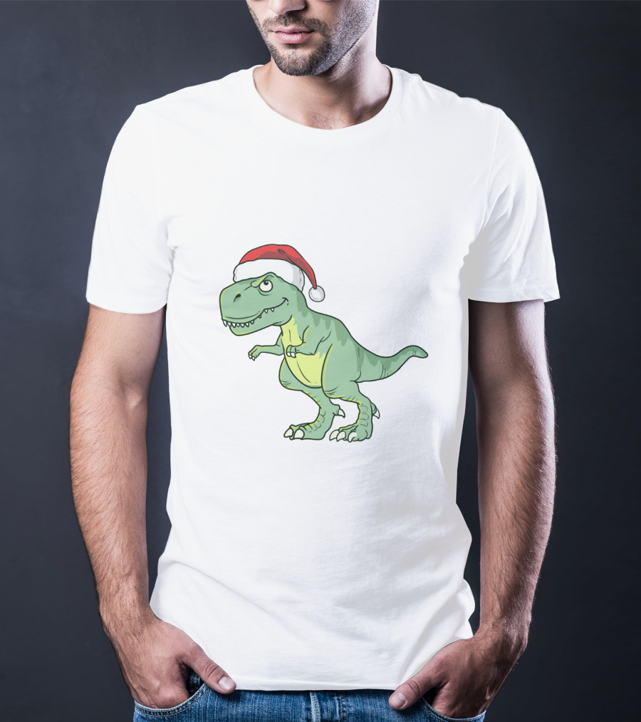 Christmas Dinosaur Wearing Santa Hat T-Shirt