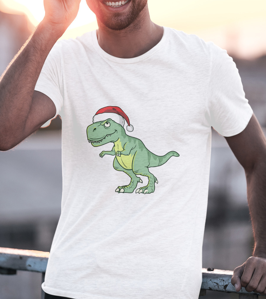 Christmas Dinosaur Wearing Santa Hat T-Shirt
