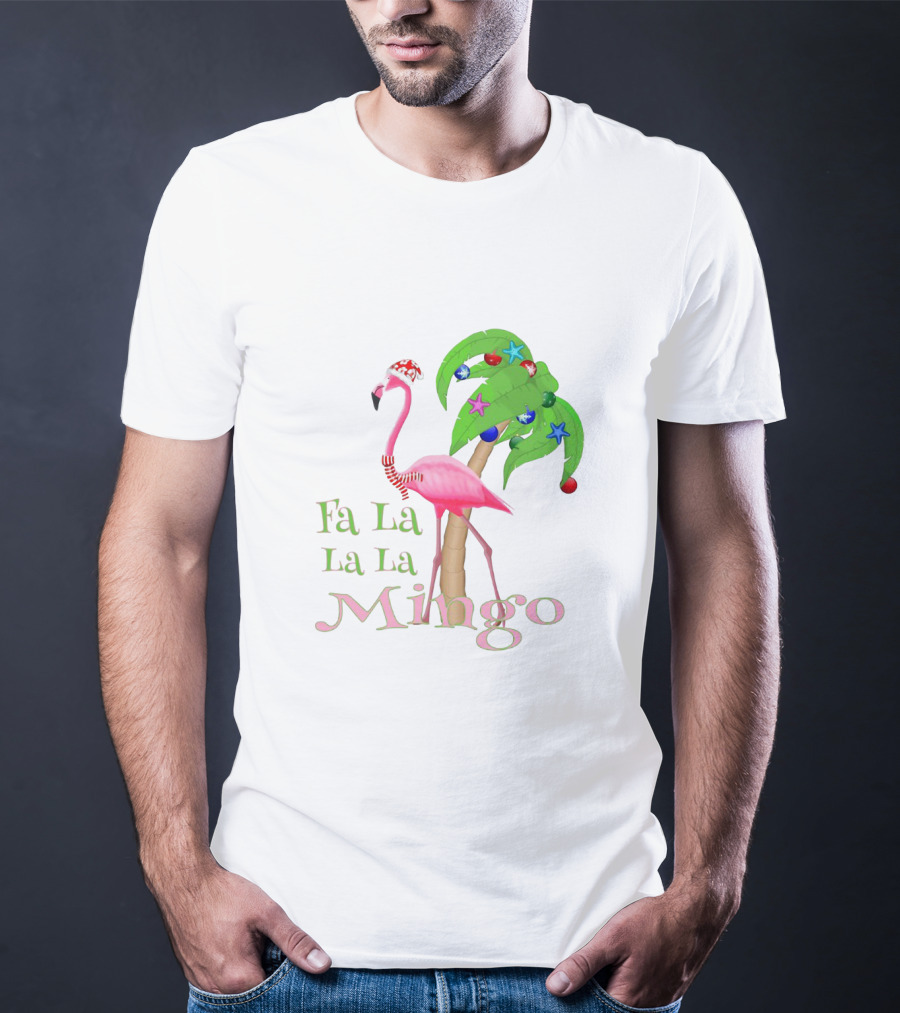 Festive Fa La La La Mingo Pink Flamingo Holiday Tropical Palm Tree T-Shirt