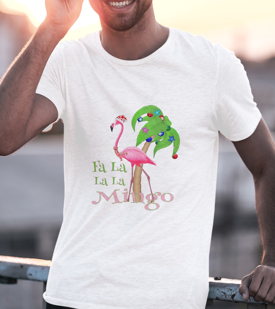 Festive Fa La La La Mingo Pink Flamingo Holiday Tropical Palm Tree T-Shirt
