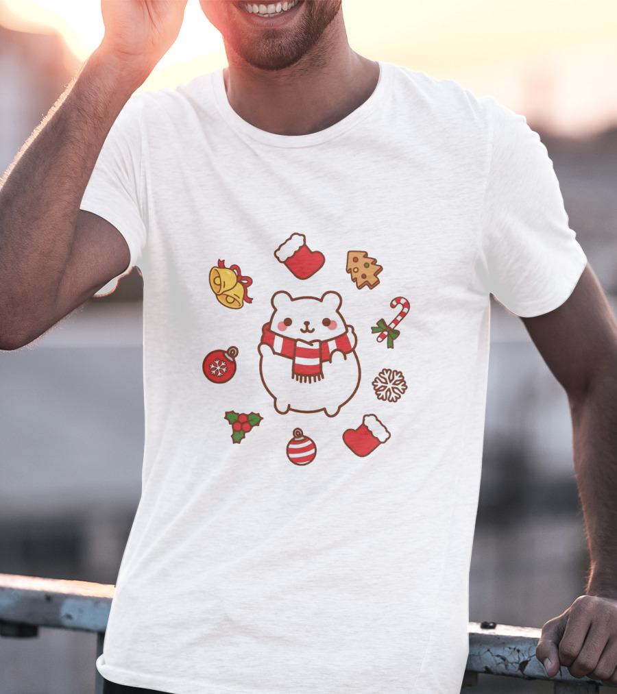 Happy Polar Bear Surrounded By Christmas Holiday Symbols T-Shirt