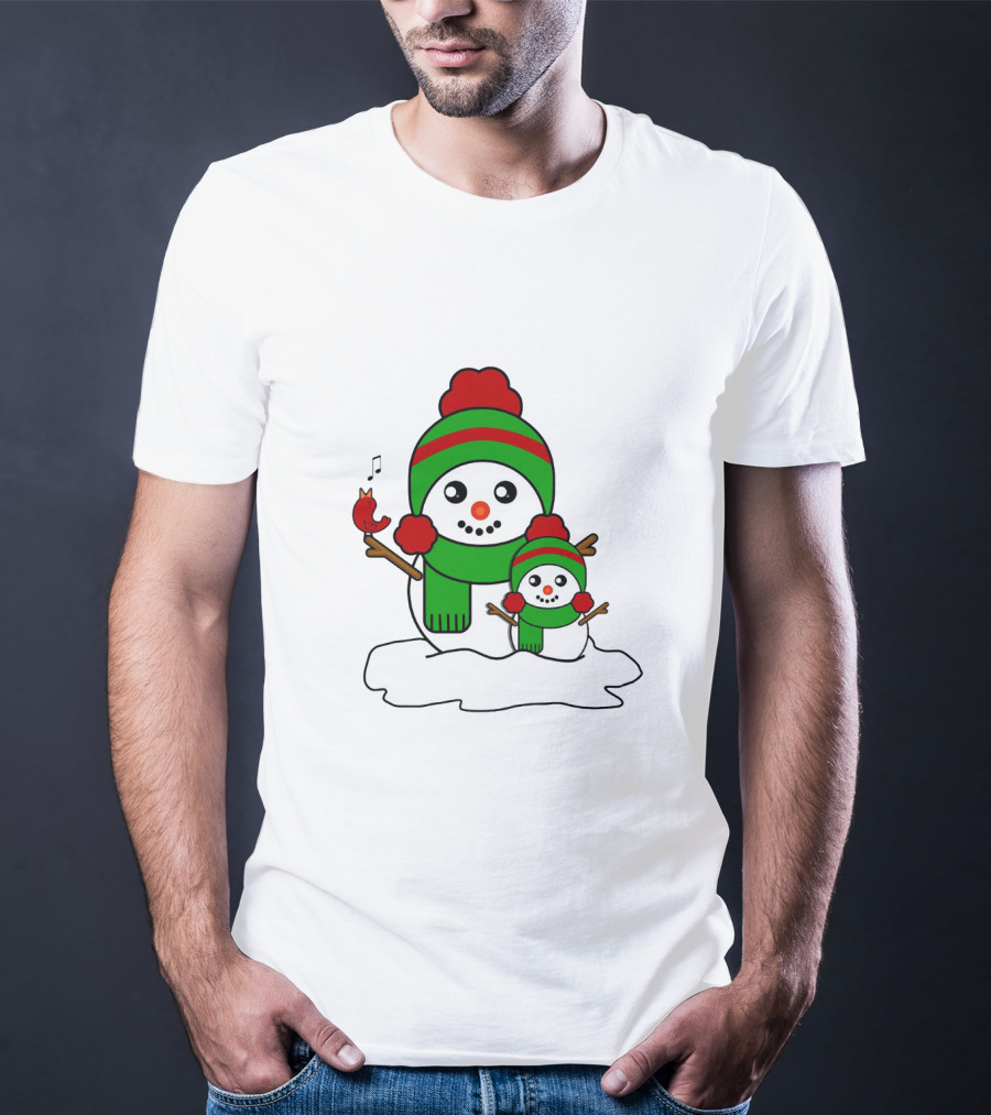 Happy Together Snowman And Singing Cardinal With Red And Green Winter Hats And Scarves T-Shirt