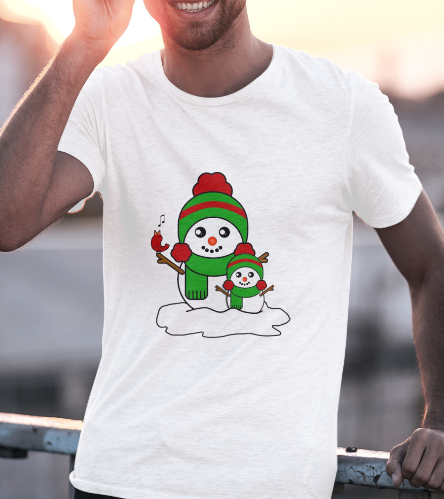 Happy Together Snowman And Singing Cardinal With Red And Green Winter Hats And Scarves T-Shirt