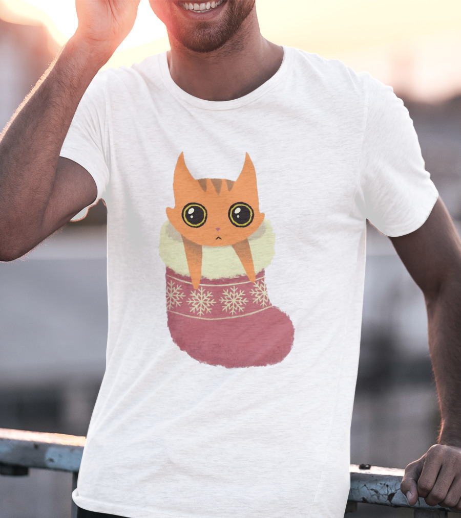 Adorable Orange Cat In Festive Christmas Stocking With Snowflake T-Shirt