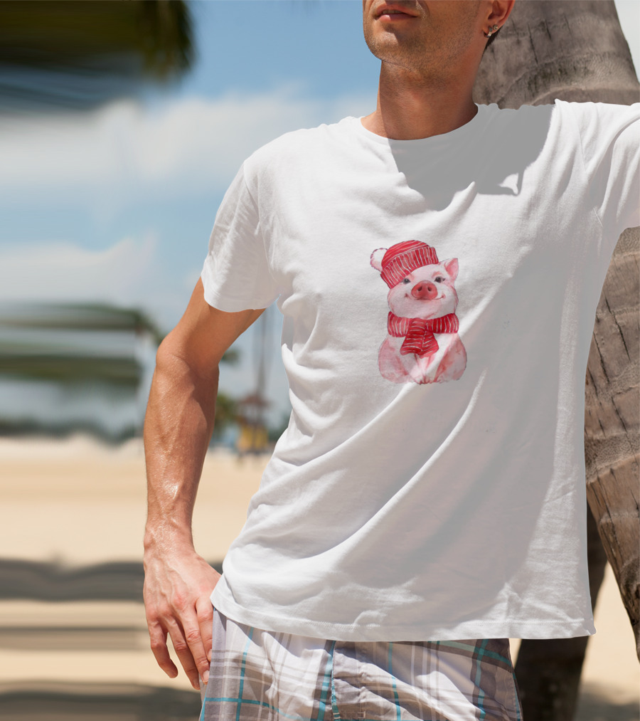 Merry Christmas Cute Pig With Red Scarf And Hat T-Shirt