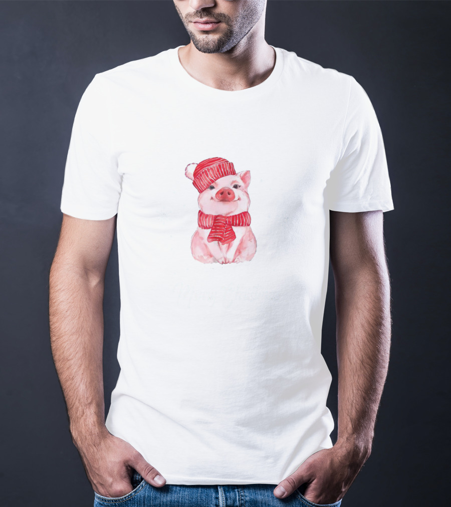 Merry Christmas Cute Pig With Red Scarf And Hat T-Shirt