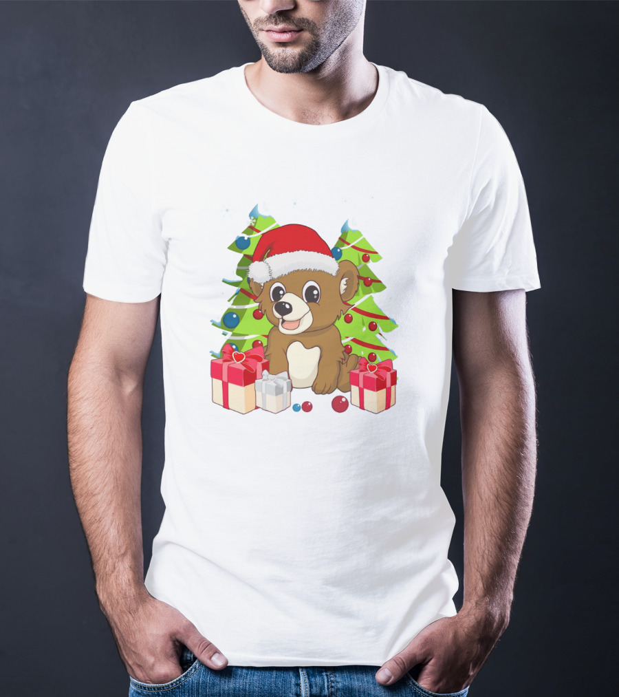 Santa Cute Bear With Christmas Trees And Presents T-Shirt