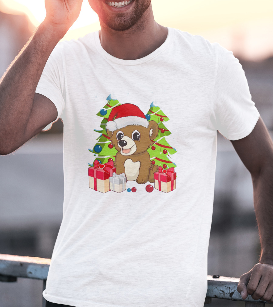 Santa Cute Bear With Christmas Trees And Presents T-Shirt