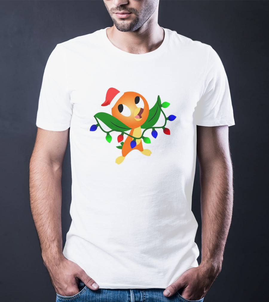 Think Christmas Thoughts Orange Bird With Santa Hat And Festive Lights T-Shirt