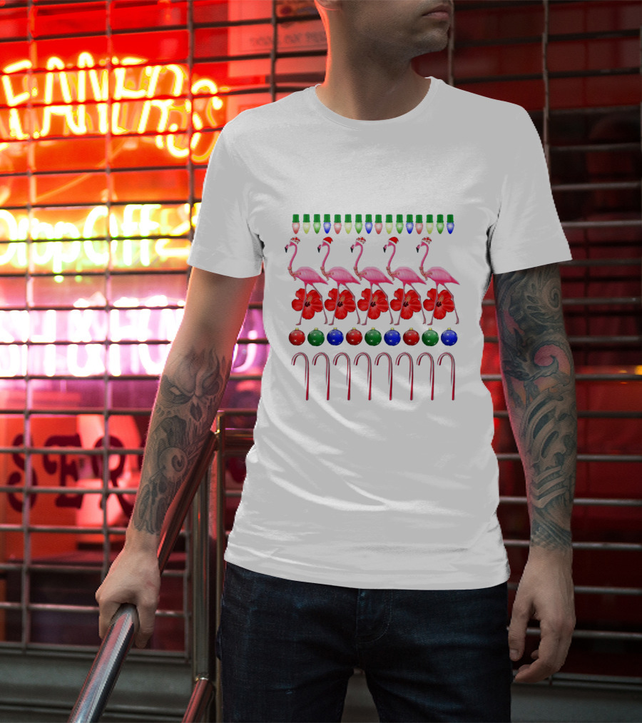 Ugly Christmas Pink Flamingo With Festive Lights Hibiscus Ornaments And Candy Canes T-Shirt