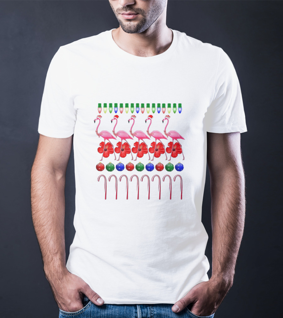 Ugly Christmas Pink Flamingo With Festive Lights Hibiscus Ornaments And Candy Canes T-Shirt