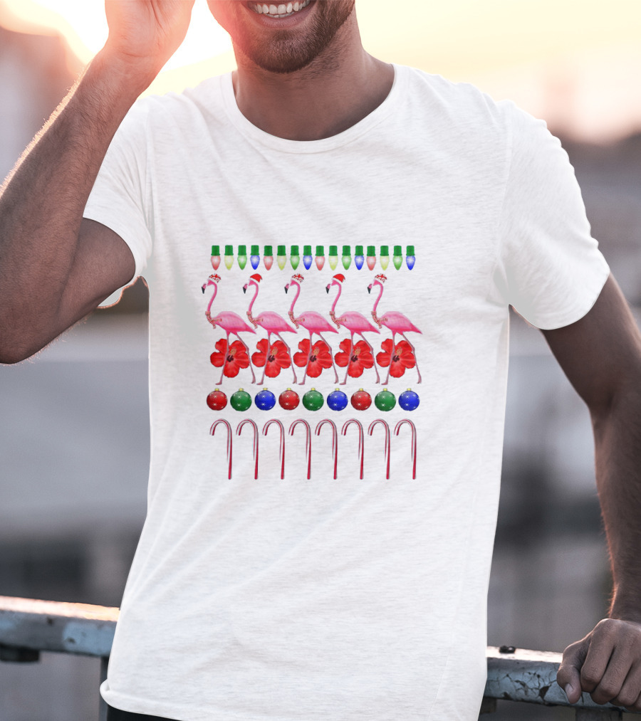 Ugly Christmas Pink Flamingo With Festive Lights Hibiscus Ornaments And Candy Canes T-Shirt