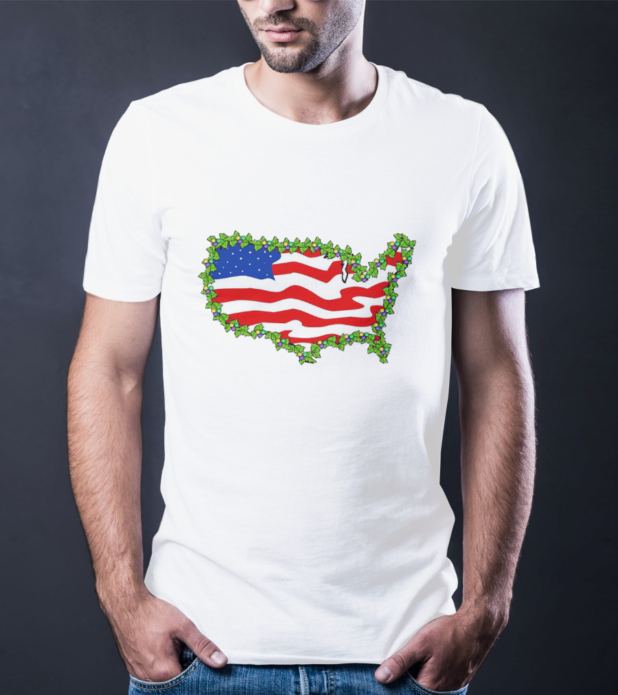 United States Map With Flag And Christmas Holly Decoration T-Shirt