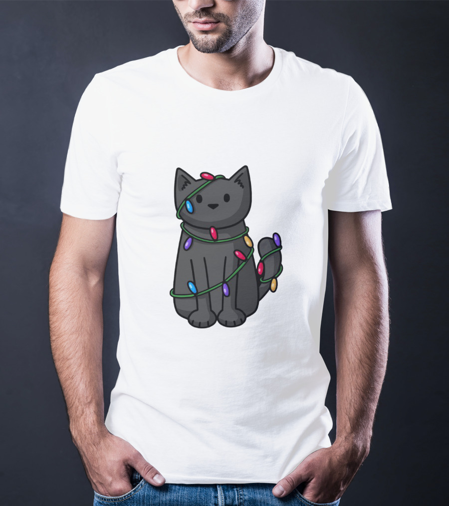 Wrapped Up In Lights Adorable Cat Tangled In Colorful Holiday String Bulbs T-Shirt