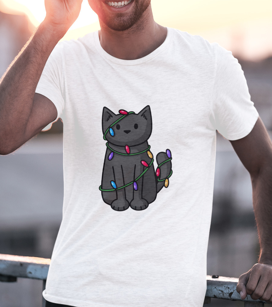 Wrapped Up In Lights Adorable Cat Tangled In Colorful Holiday String Bulbs T-Shirt