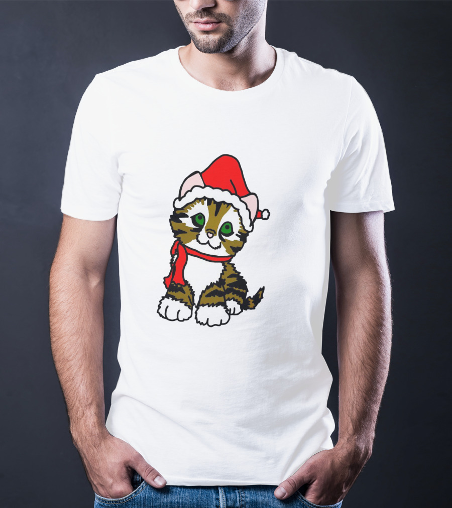 A Cute Tabby Kitten Dressed In Santa Hat And Scarf T-Shirt