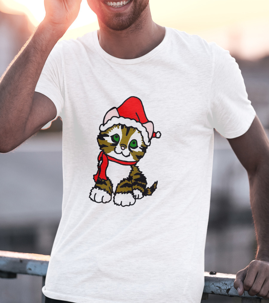 A Cute Tabby Kitten Dressed In Santa Hat And Scarf T-Shirt