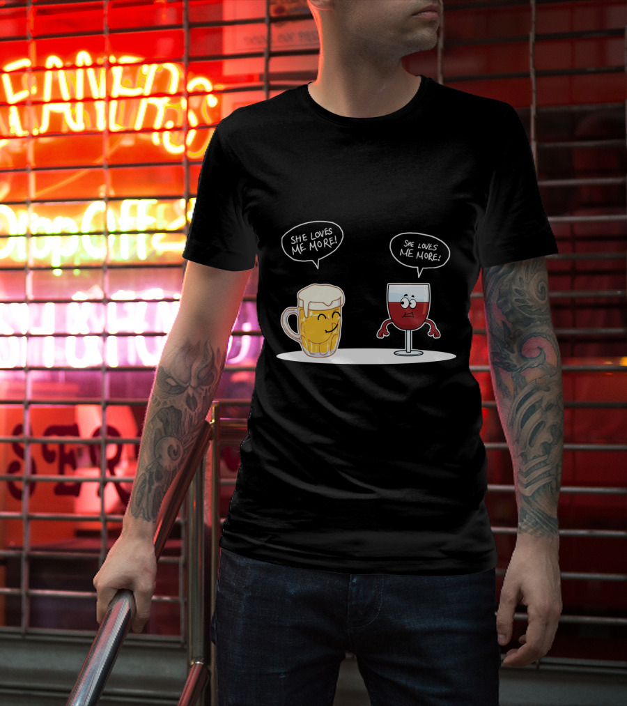 Beer And Wine Cartoon Debate: She Loves Me More Playful Rivalry T-Shirt