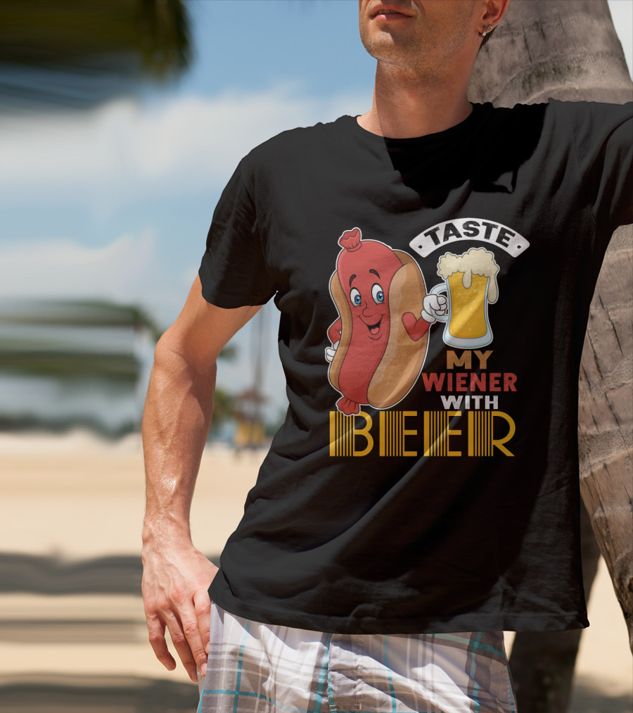 Taste My Wiener With Beer Funny Hot Dog Cartoon For Party T-Shirt