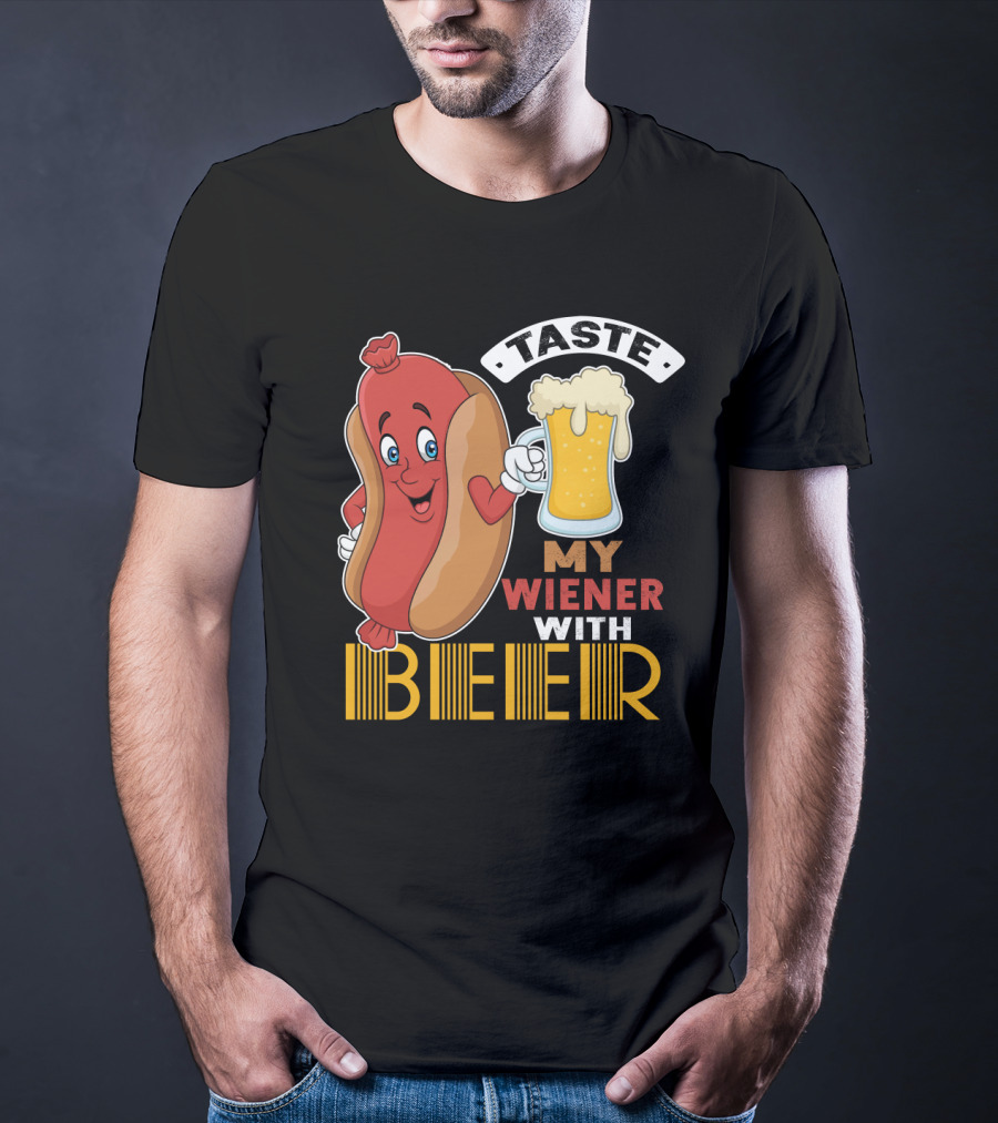 Taste My Wiener With Beer Funny Hot Dog Cartoon For Party T-Shirt