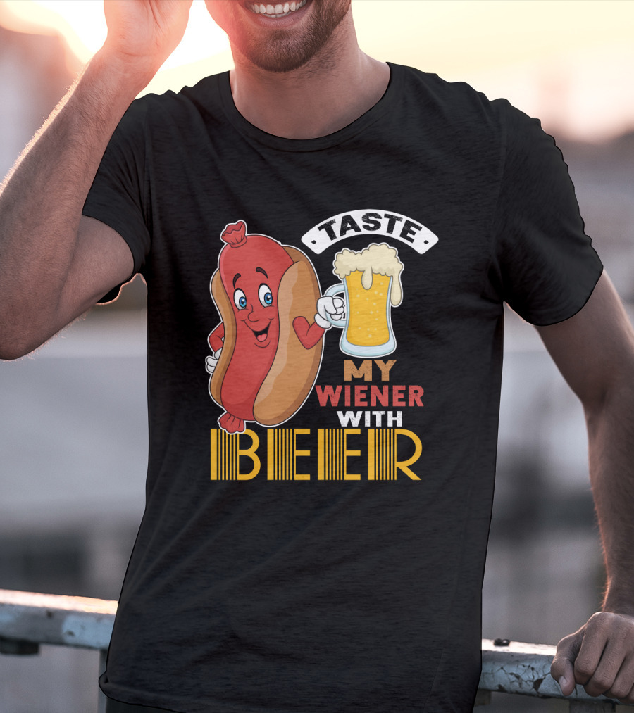 Taste My Wiener With Beer Funny Hot Dog Cartoon For Party T-Shirt