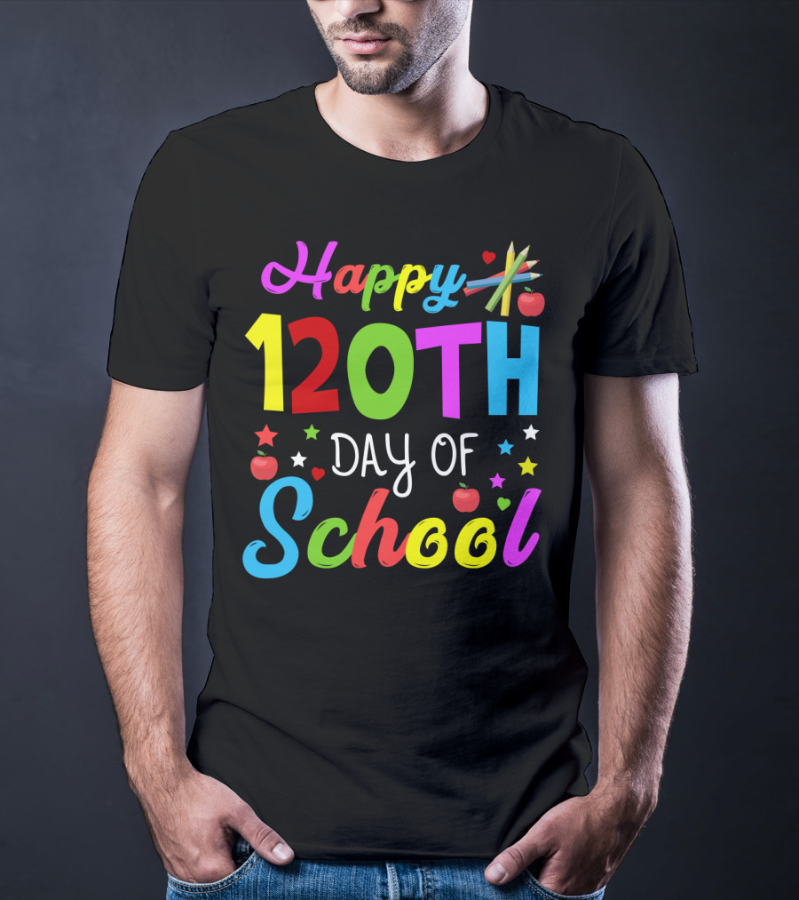 Happy 120th Day Of School Colorful Celebration With Stars And Apples T-Shirt