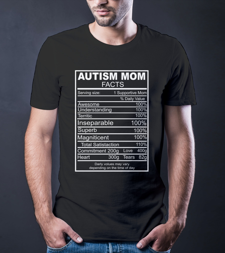 Autism Mom Facts Awesome Understanding Terrific Inseparable Superb Magnificent Satisfaction Commitment Love Heart Tears T-Shirt