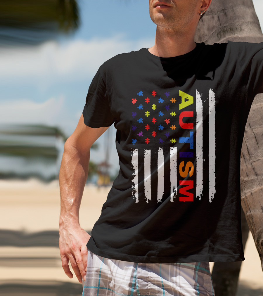 Autism Awareness Flag Design With Colorful Puzzle Pieces And Vertical Stripes T-Shirt