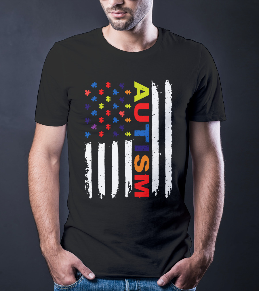 Autism Awareness Flag Design With Colorful Puzzle Pieces And Vertical Stripes T-Shirt
