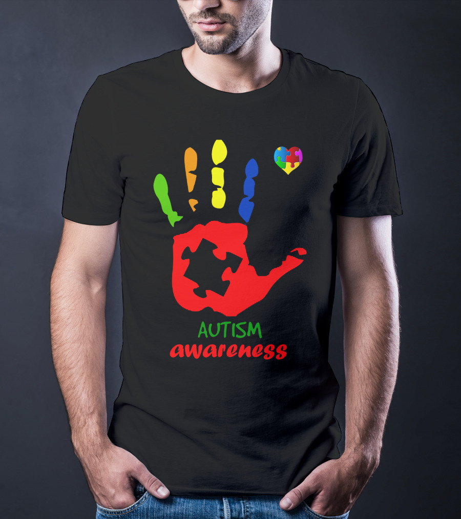 Autism Awareness Colorful Handprint With Puzzle Heart T-Shirt