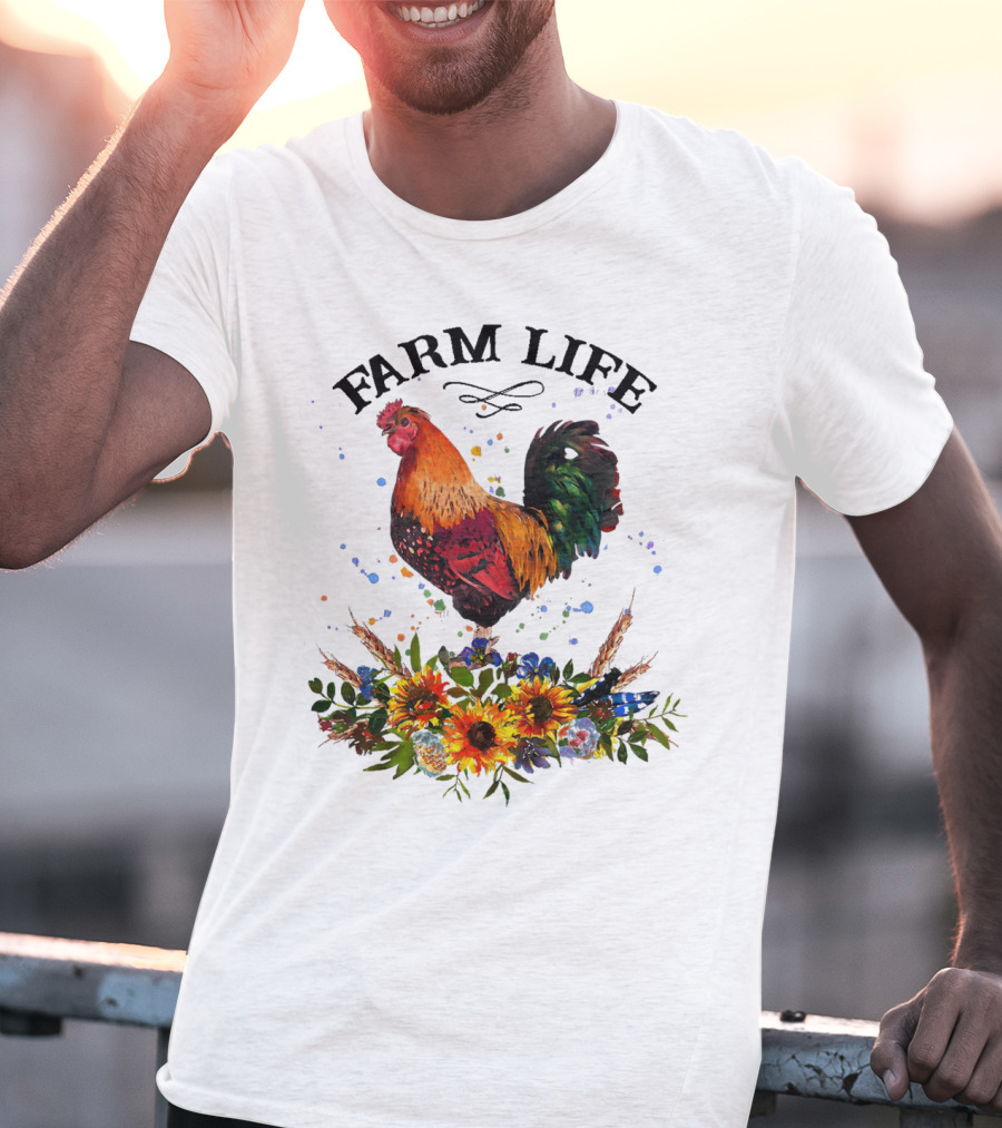 Farm Life Chicken Rooter With Colorful Rooster And Floral Arrangement T-Shirt