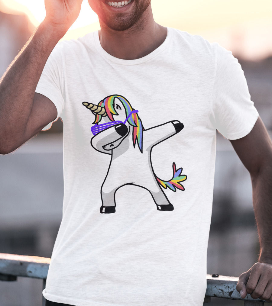 Colorful Rainbow Mane Unicorn In Dabbing Pose With Sunglasses T-Shirt