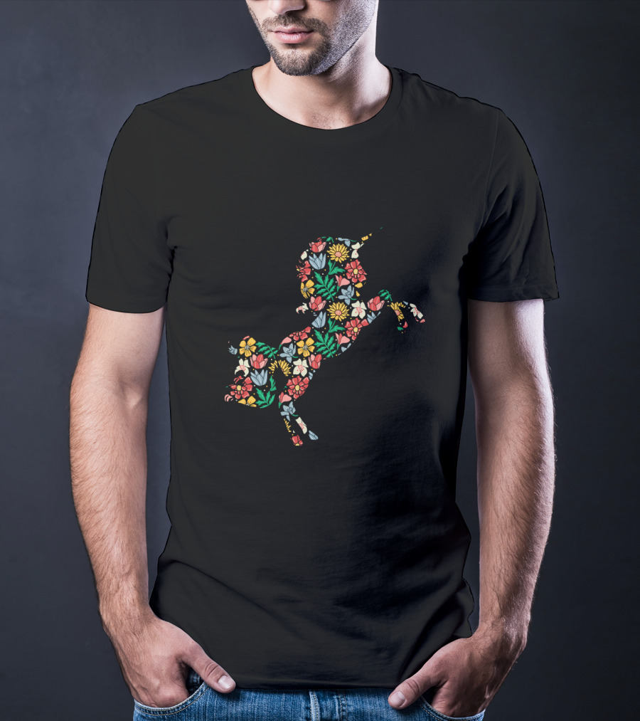 Unicorn Flower Silhouette With Vibrant Floral T-Shirt